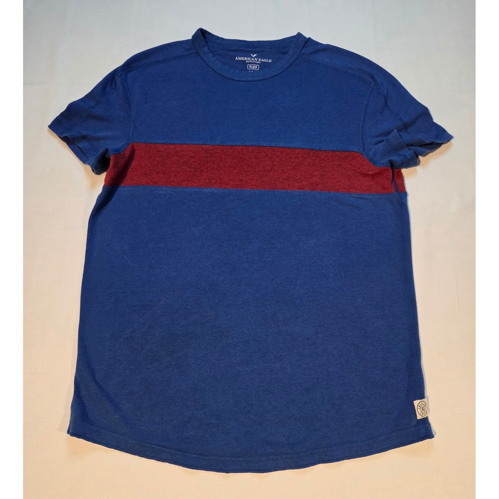 American Eagle Flex T-Shirt Mens Small Blue Maroon Stripe Classic Fit Crewneck